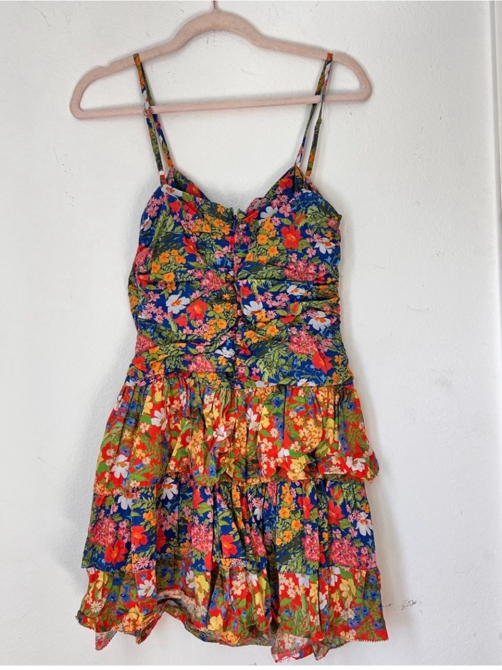 Cara Cara Santorini Ruffle Floral Spaghetti Strap Mini Dress